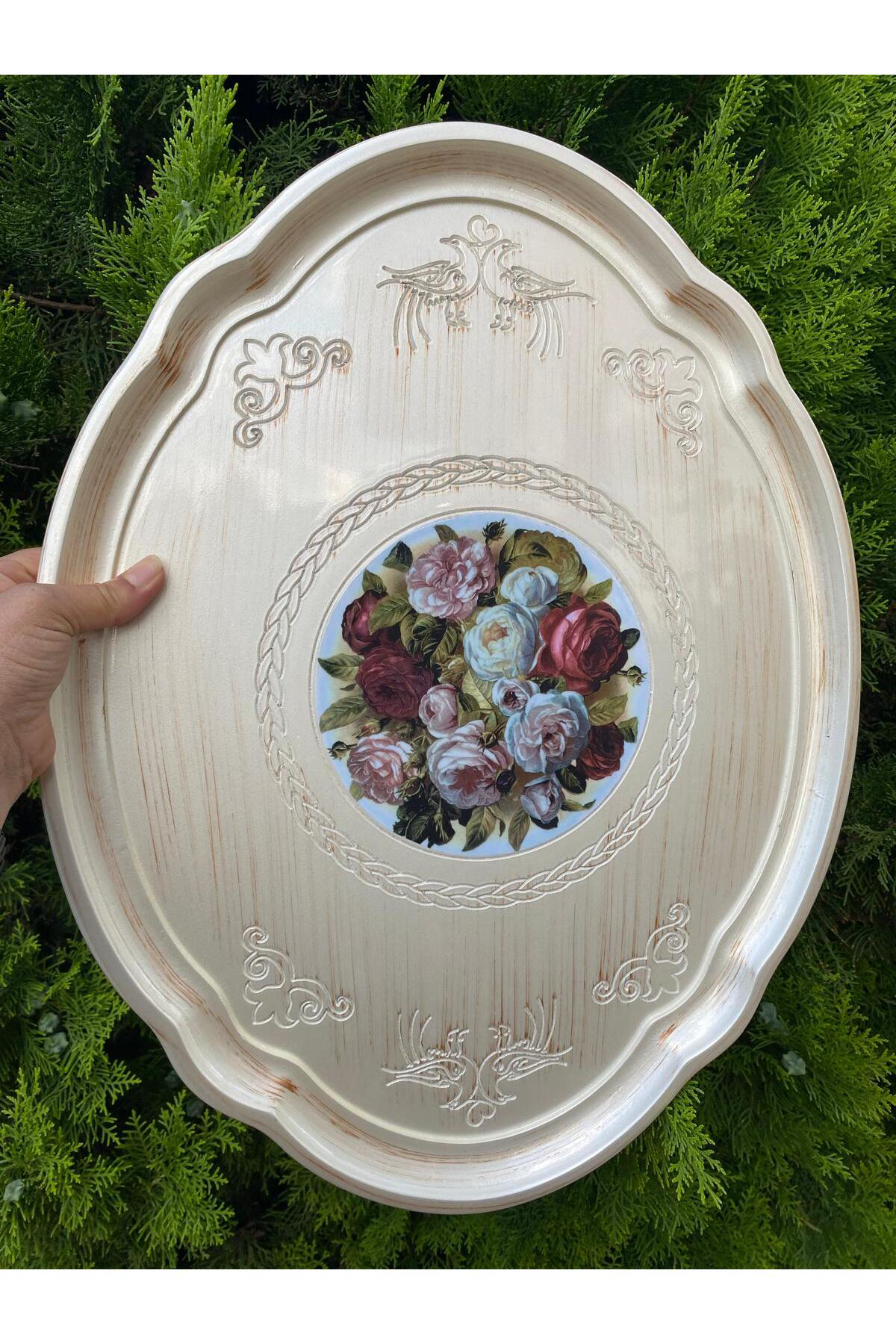 Elif Aksesuar Büyük Gül Oval Ağaç Tepsi (Sedef)