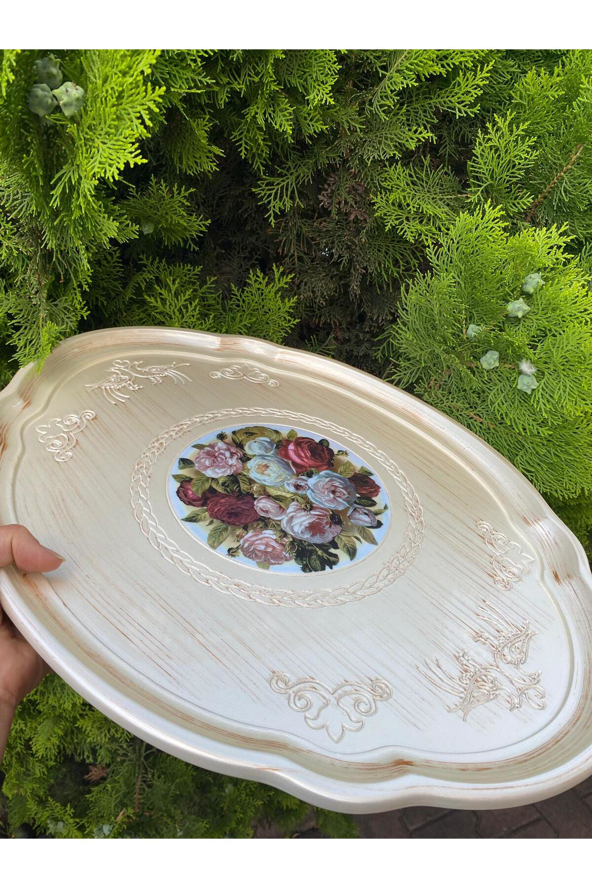 Elif Aksesuar Büyük Gül Oval Ağaç Tepsi (Sedef)