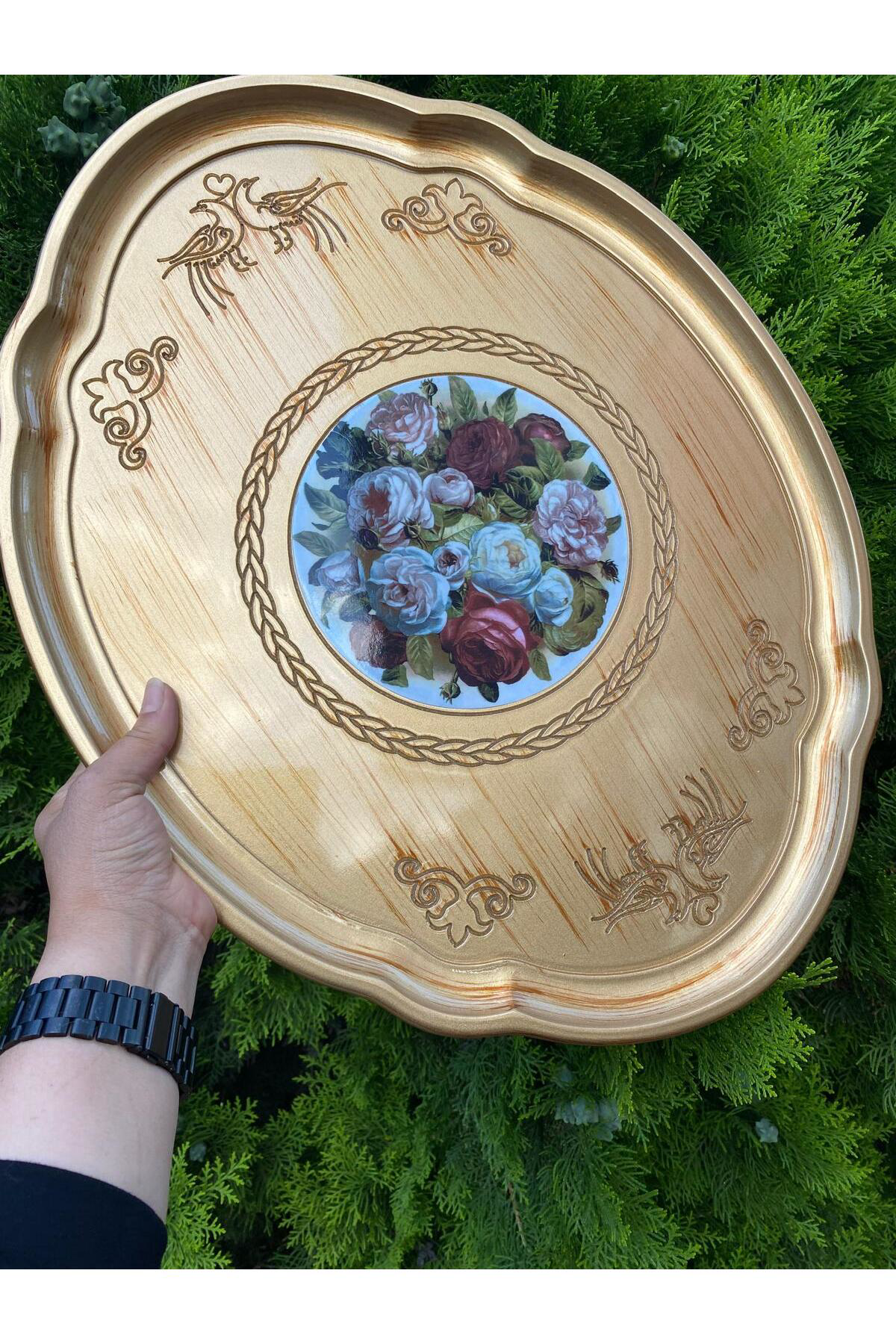 Elif Aksesuar Büyük Gül Oval Ağaç Tepsi (Gold)