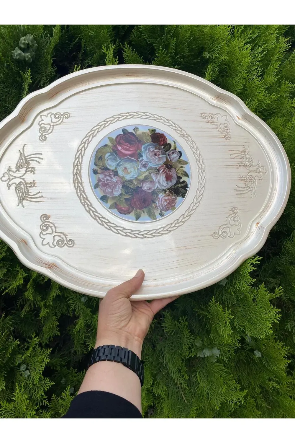 Büyük Gül Oval Ağaç Tepsi (Sedef)