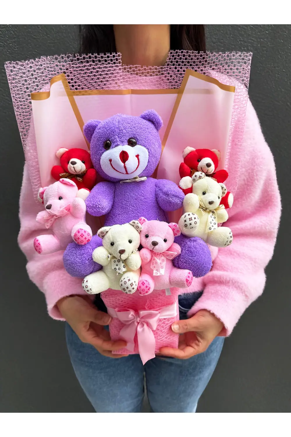 Büyük Mor Ayıcıklı ve Rengarenk Ayıcıklı Peluş Buket Ayıcık Buket