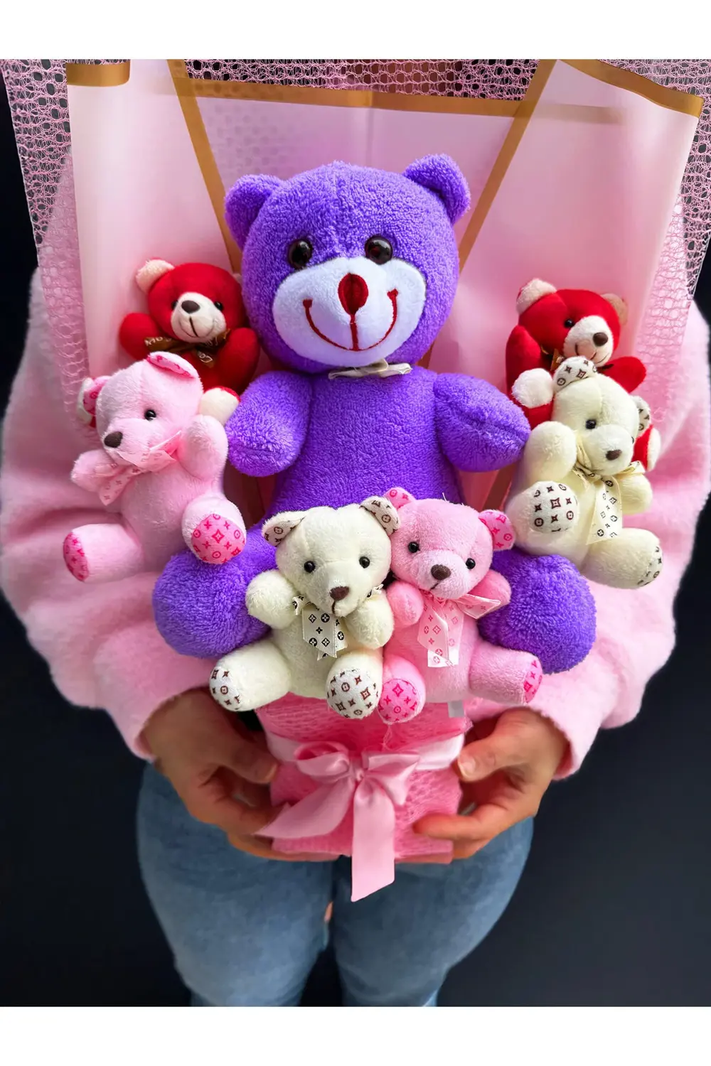 Büyük Mor Ayıcıklı ve Rengarenk Ayıcıklı Peluş Buket Ayıcık Buket