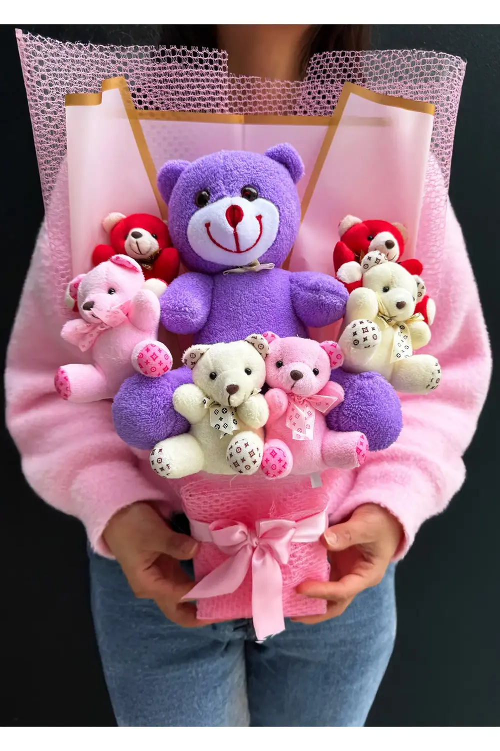 Büyük Mor Ayıcıklı ve Rengarenk Ayıcıklı Peluş Buket Ayıcık Buket