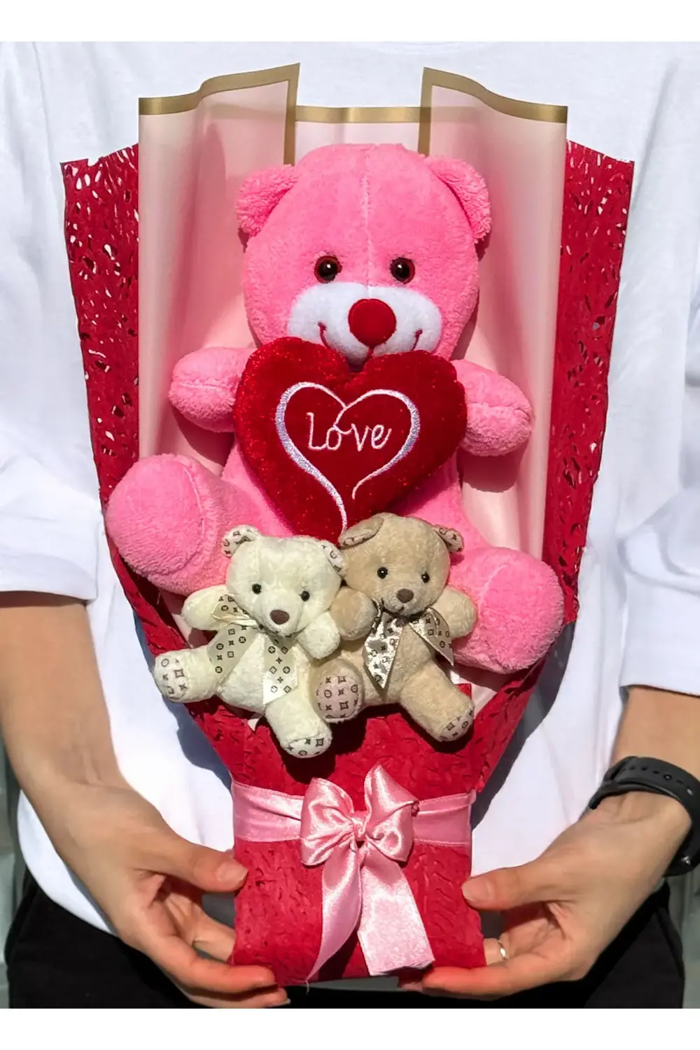 Büyük Pembe Ayıcıklı Ve Kalpli Ayıcık Buketi Sevgiliye Hediye Pel