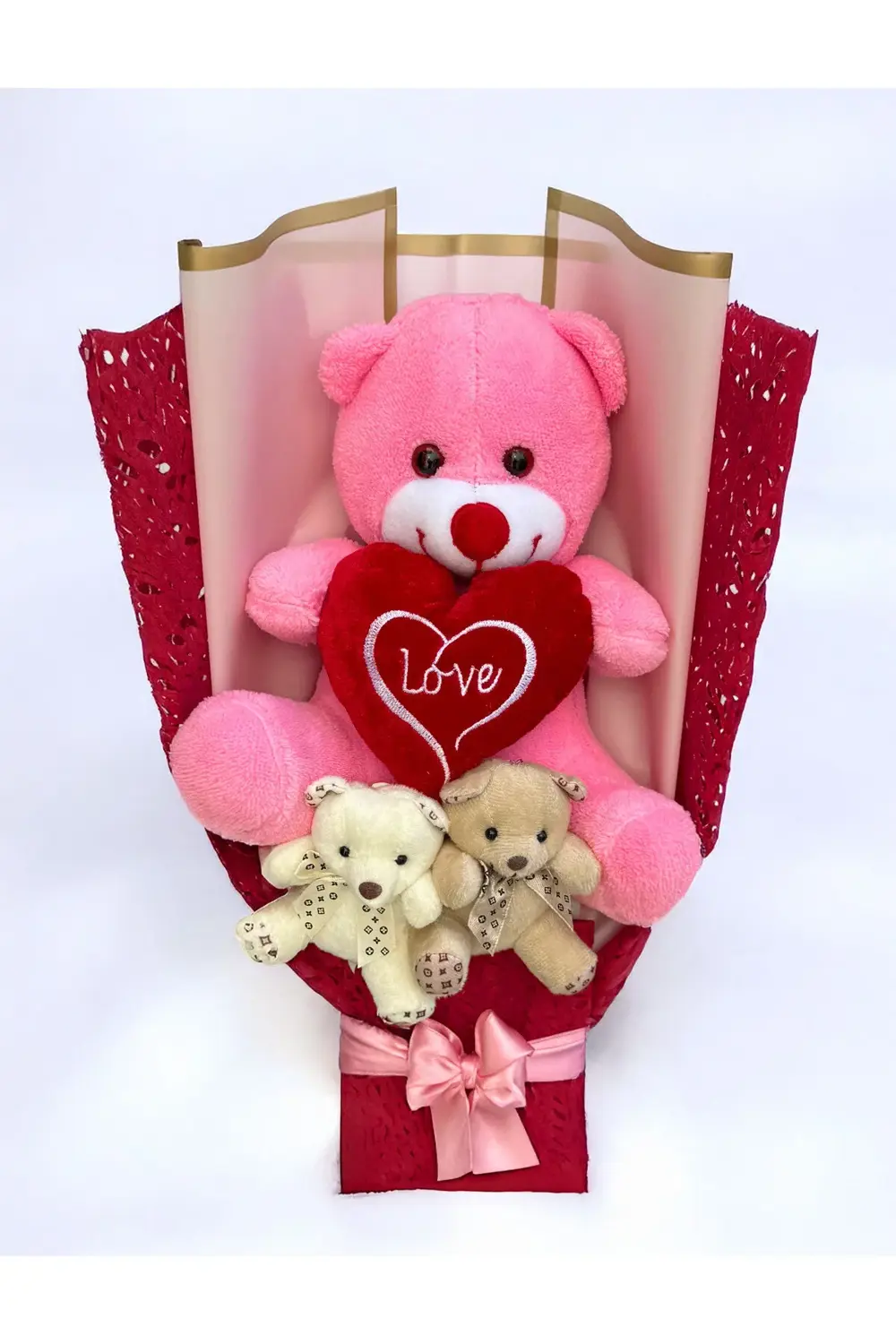 Büyük Pembe Ayıcıklı Ve Kalpli Ayıcık Buketi Sevgiliye Hediye Pel