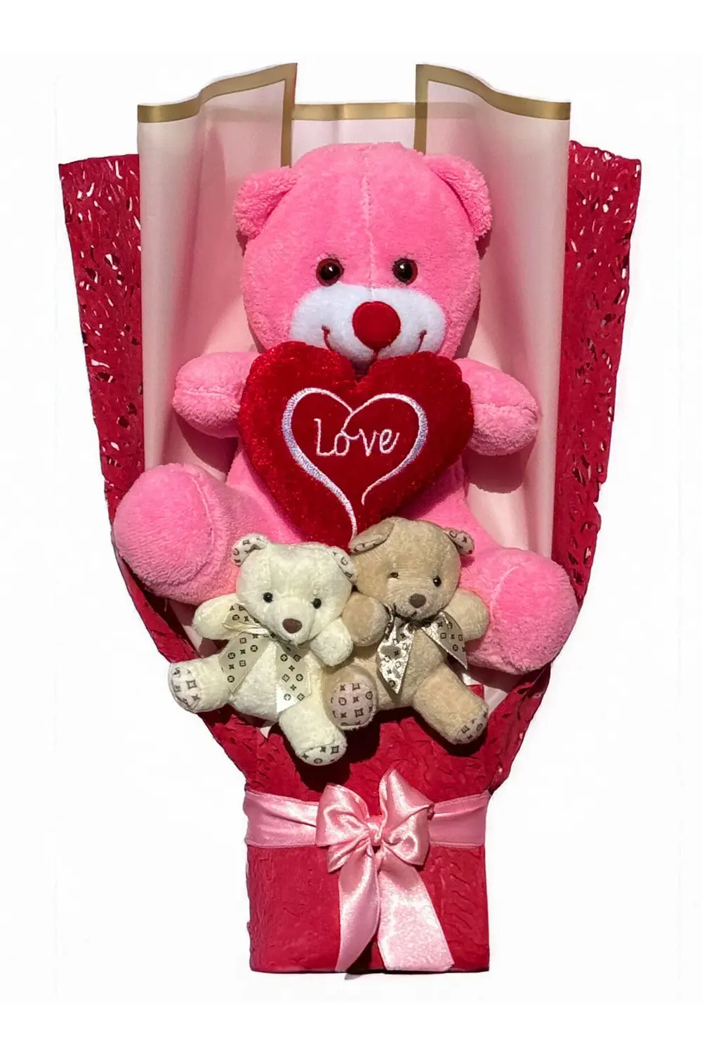 Büyük Pembe Ayıcıklı Ve Kalpli Ayıcık Buketi Sevgiliye Hediye Pel