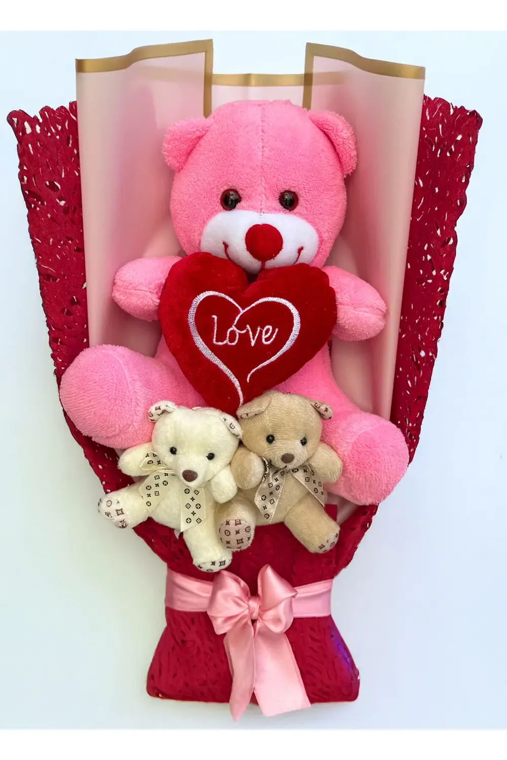 Büyük Pembe Ayıcıklı Ve Kalpli Ayıcık Buketi Sevgiliye Hediye Pel
