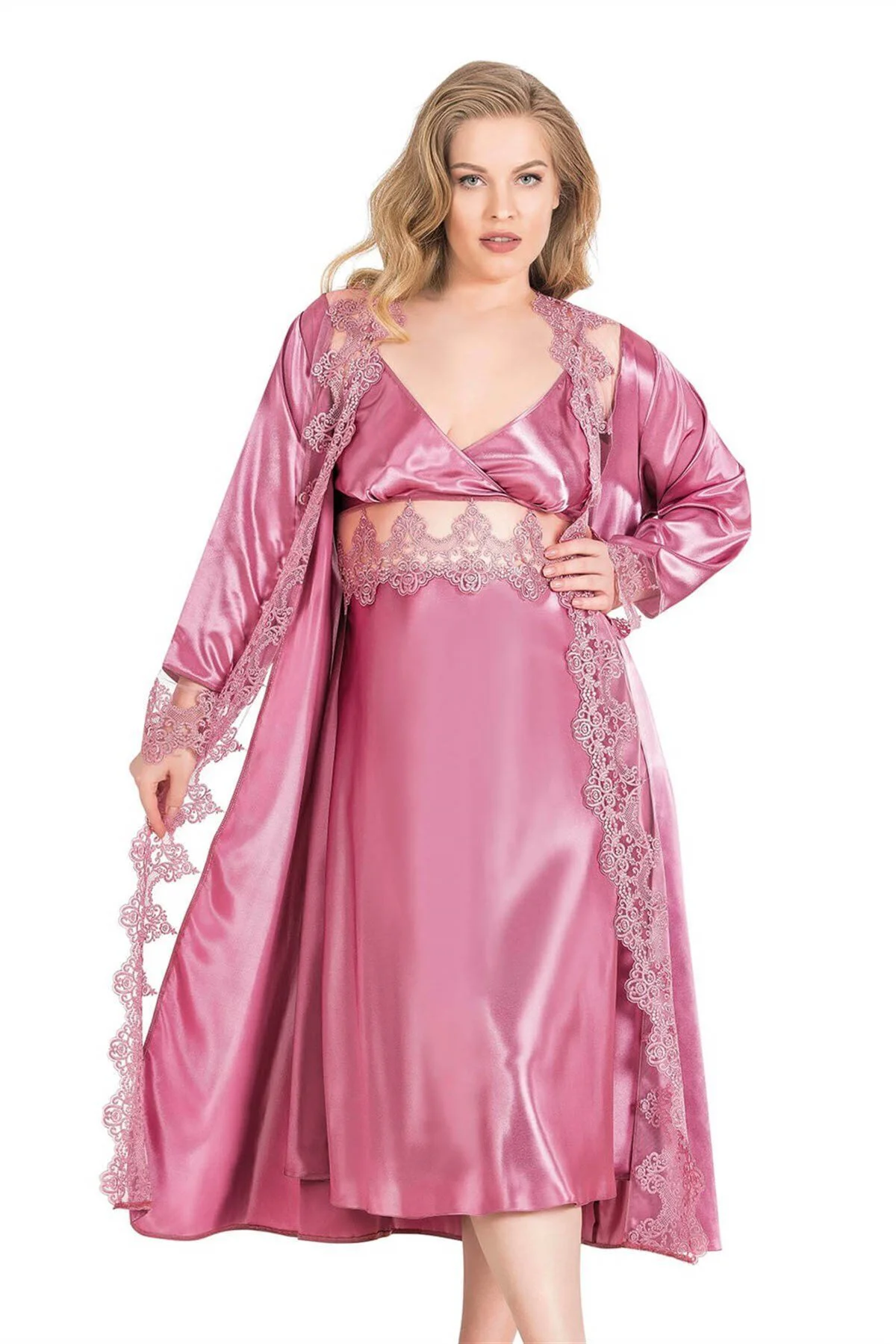 Büyük Uzun İkili Saten Sabahlık Gecelik Takımı Gül Kurusu Renk