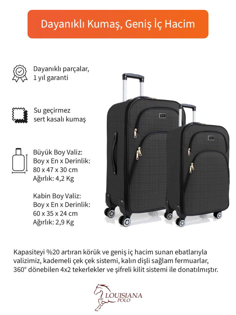 Louisiana Polo Büyük Ve Kabin Boy Valiz Seti 4 Teker Kumaş Valiz Antrasit 1081