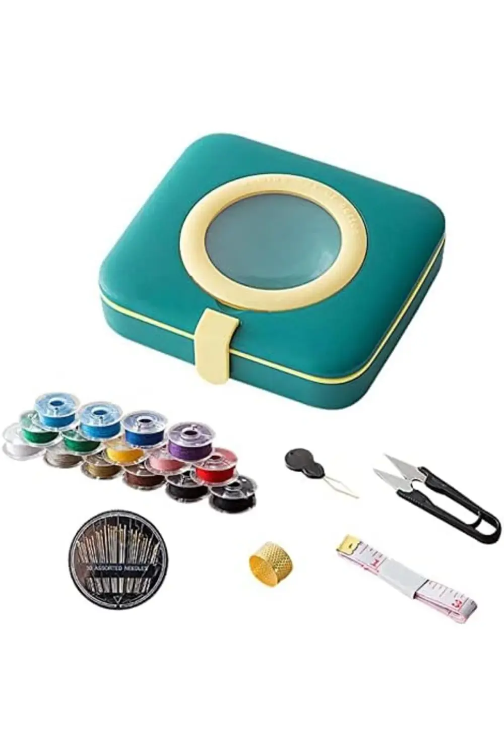 Tuhafiyecimiz Büyüteçli Dikiş Kutusu (50 Parça) Yüksük, İplik Geçirici, Makas,