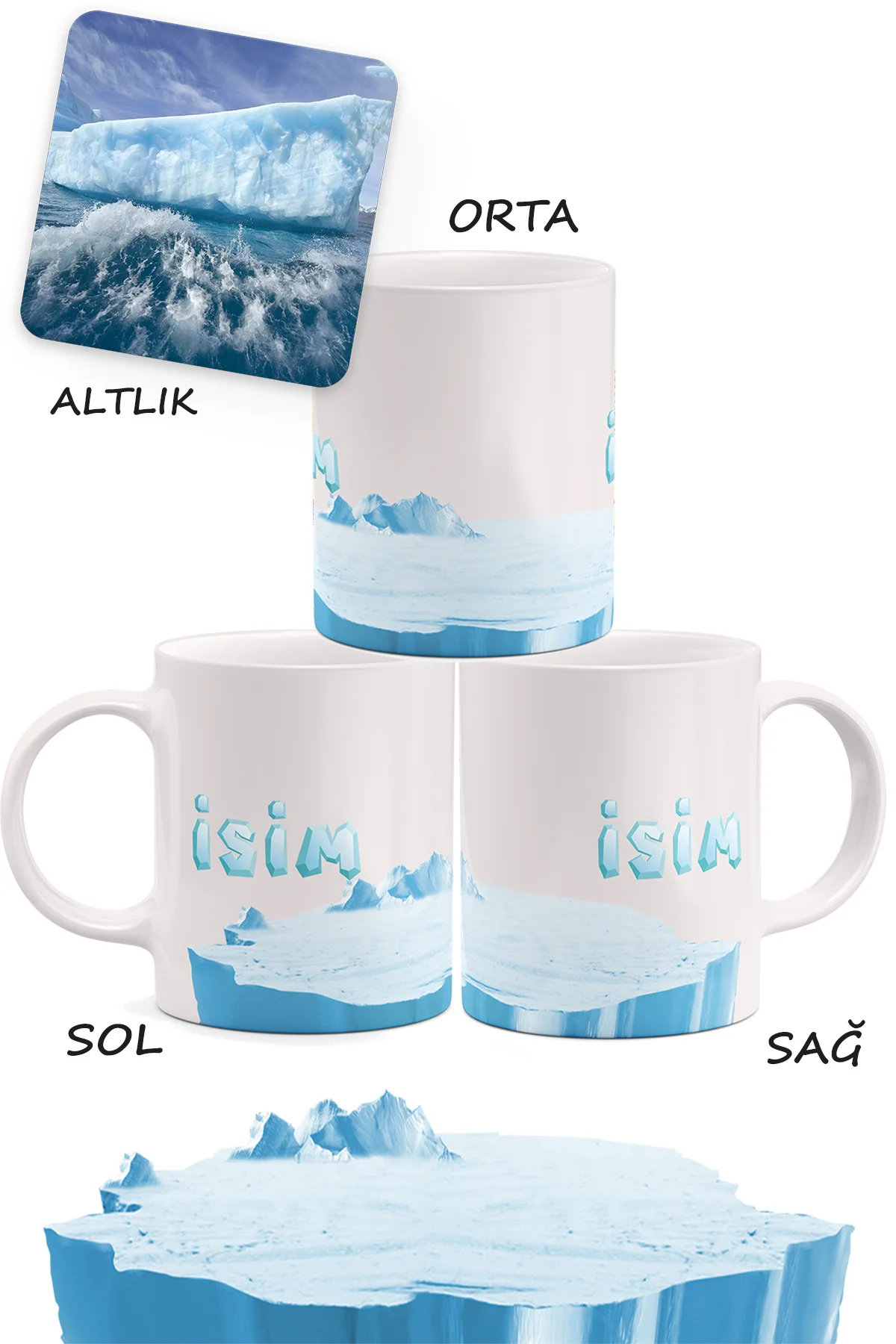 Buz Dağı Baskılı, Kişiye Özel İsimli, Porselen Kupa ve Ahşap Bard Buz Dağı Baskılı, Kişiye Özel İsimli, Porselen Kupa ve Ahşap Bard