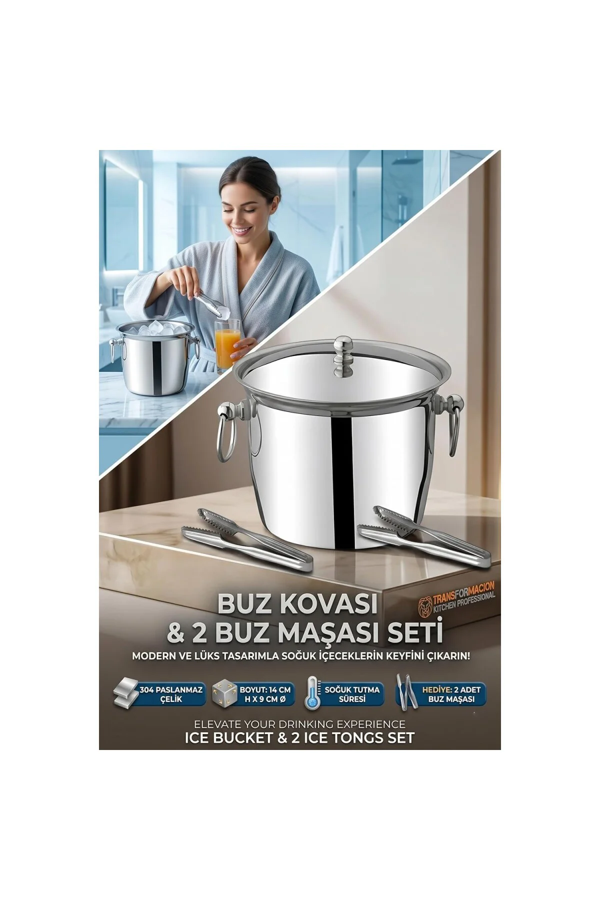 Buz Kovası 304 Paslanmaz Çelik Ve Buz Maşası Seti Buz Termosu 721