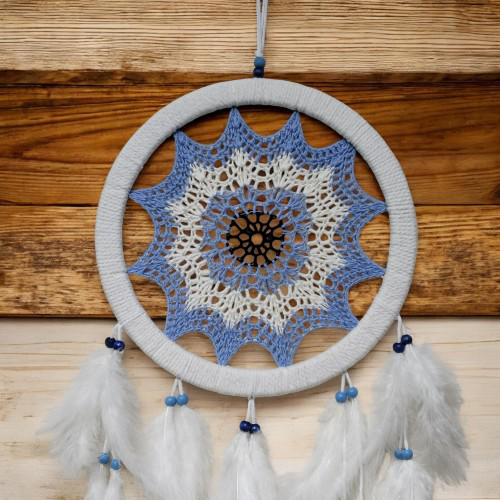 Buz Mavisi Renginde Nazar Motifli Kuş Tüylü Duvar Süsü Buz Mavisi Renginde Nazar Motifli Kuş Tüylü Duvar Süsü