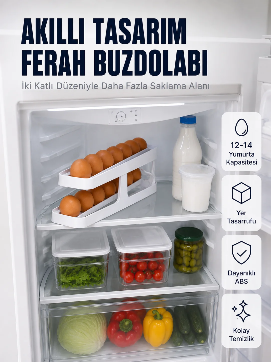 Buzdolabı Yumurta Düzenleyici İki Katlı Kayar Raylı Yumurta Organizeri