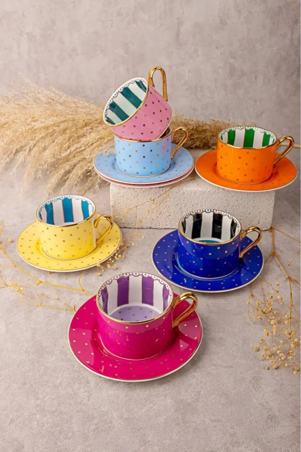 By Como Puantiyeli 6 Kişilik Çay&Kahve Fincan Takımı