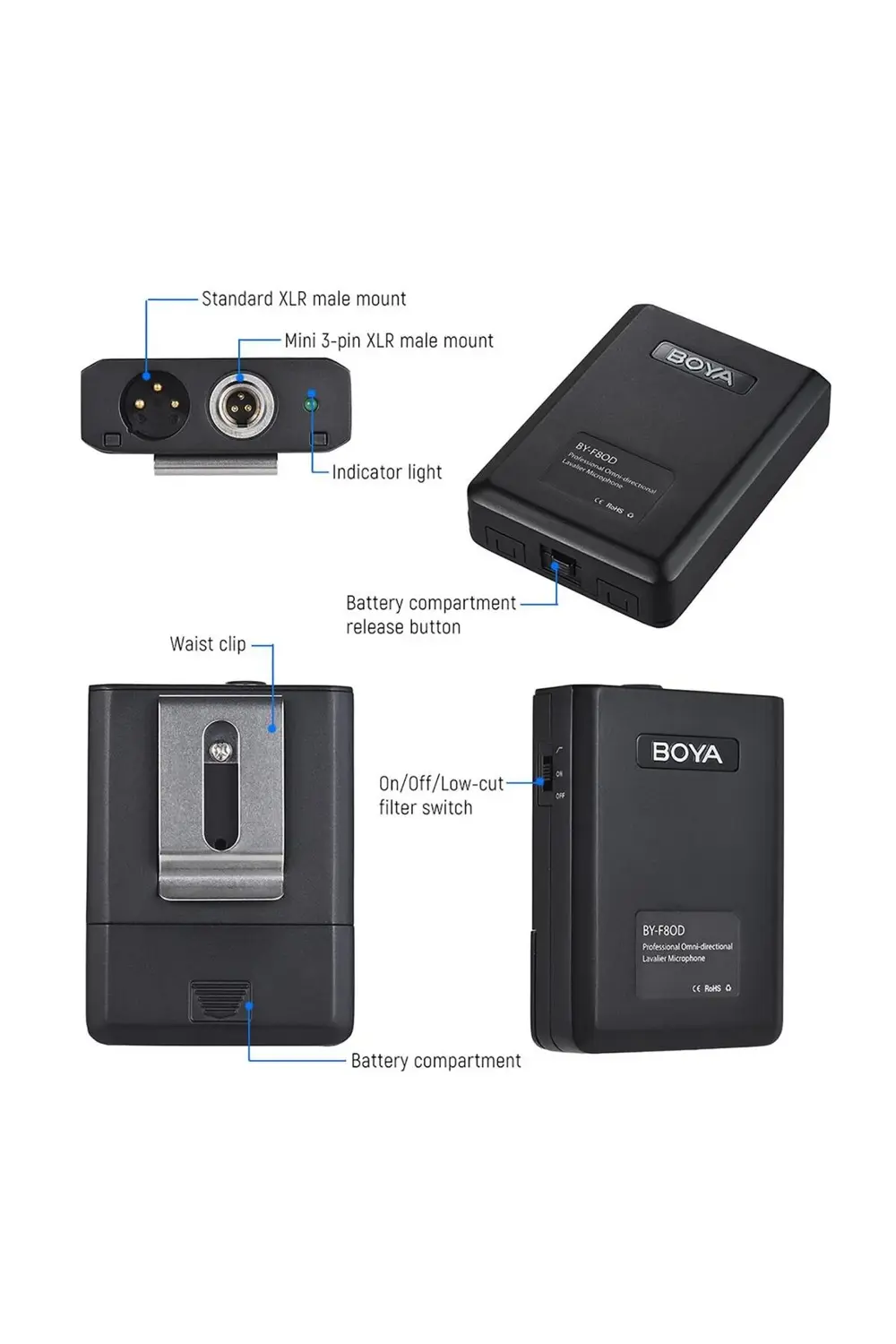 BY-F8OD Çok Yönlü Akustik Vokal Yaka Mikrofon