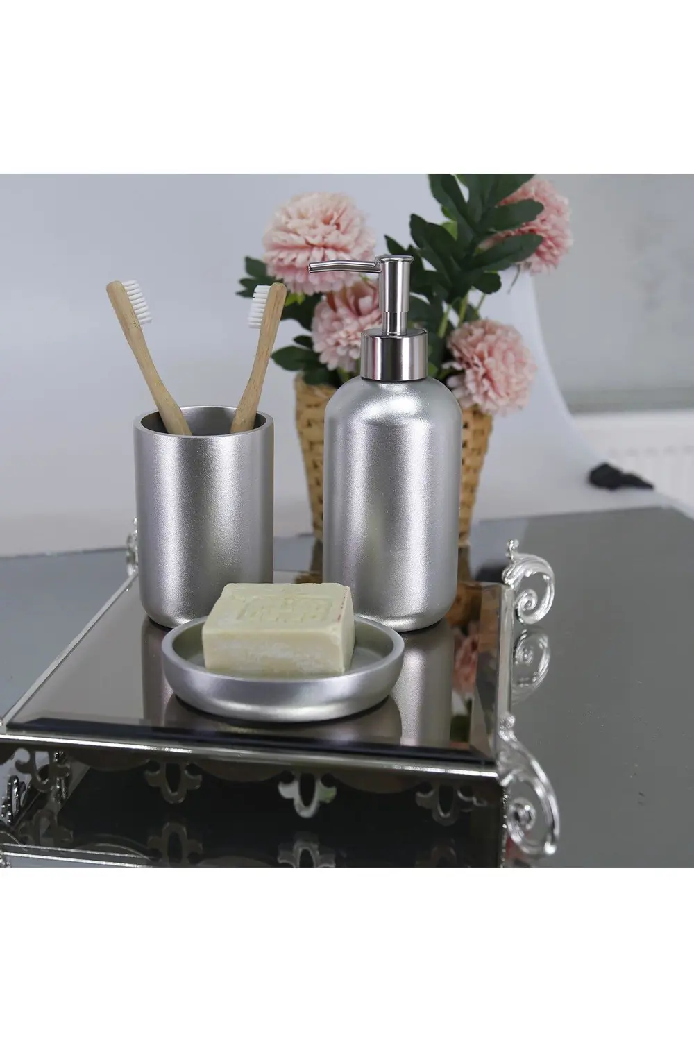 By Selim Elegance Gümüş 5 Parça Polyester Banyo Seti