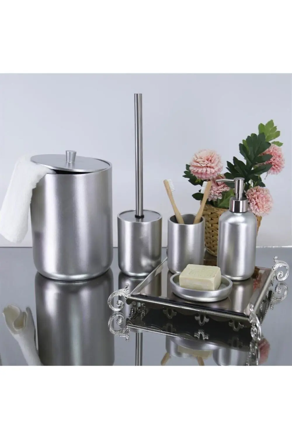 By Selim Elegance Gümüş 5 Parça Polyester Banyo Seti