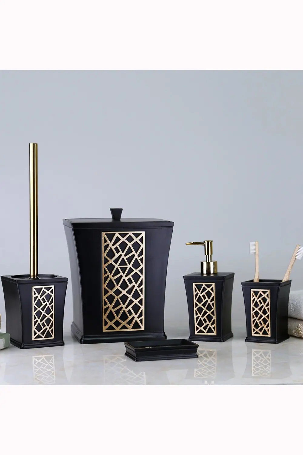 By Selim Mirage Siyah Altın 5 Parça Polyester Banyo Seti