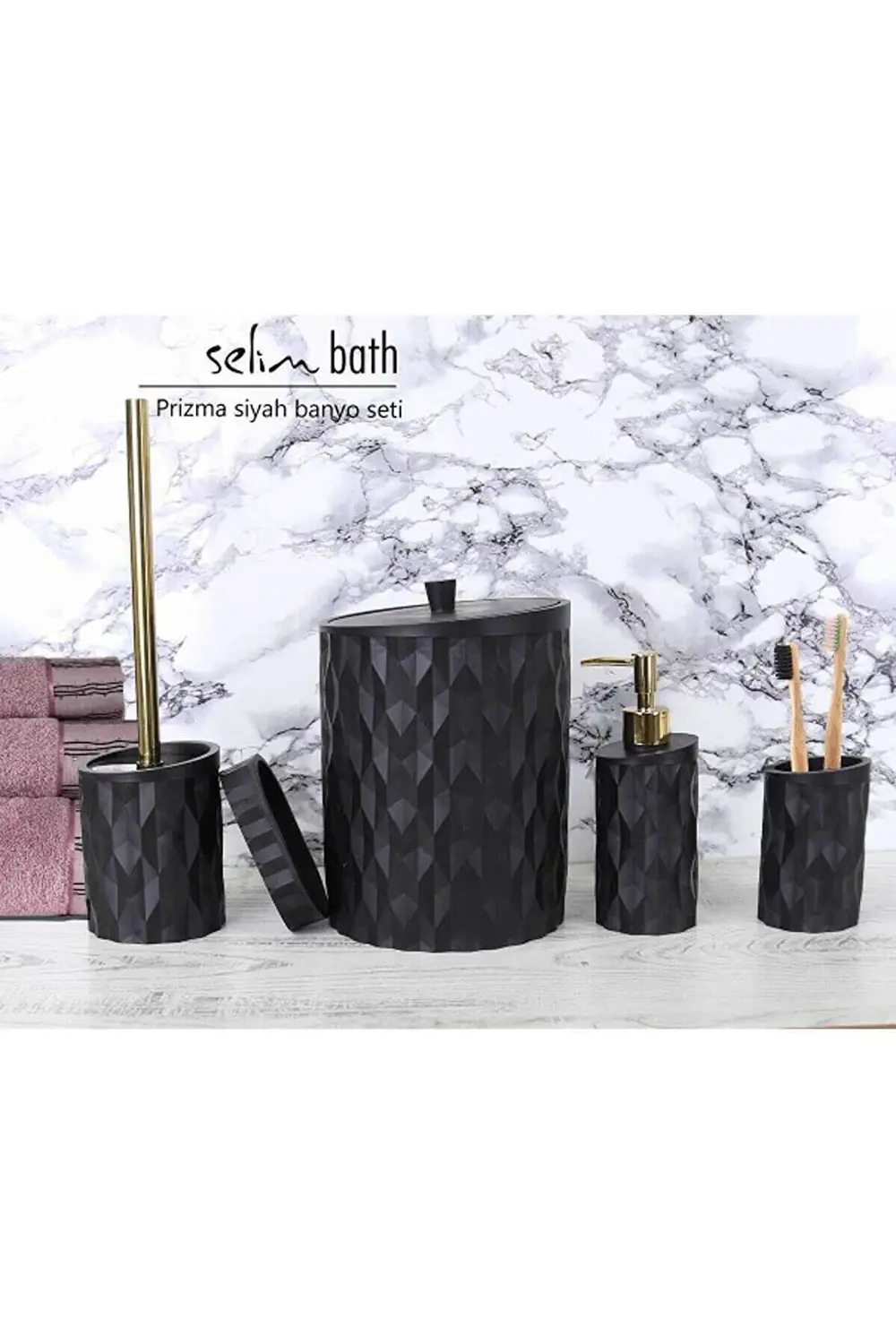 By Selim Prizma Siyah 5 Parça Polyester Banyo Seti