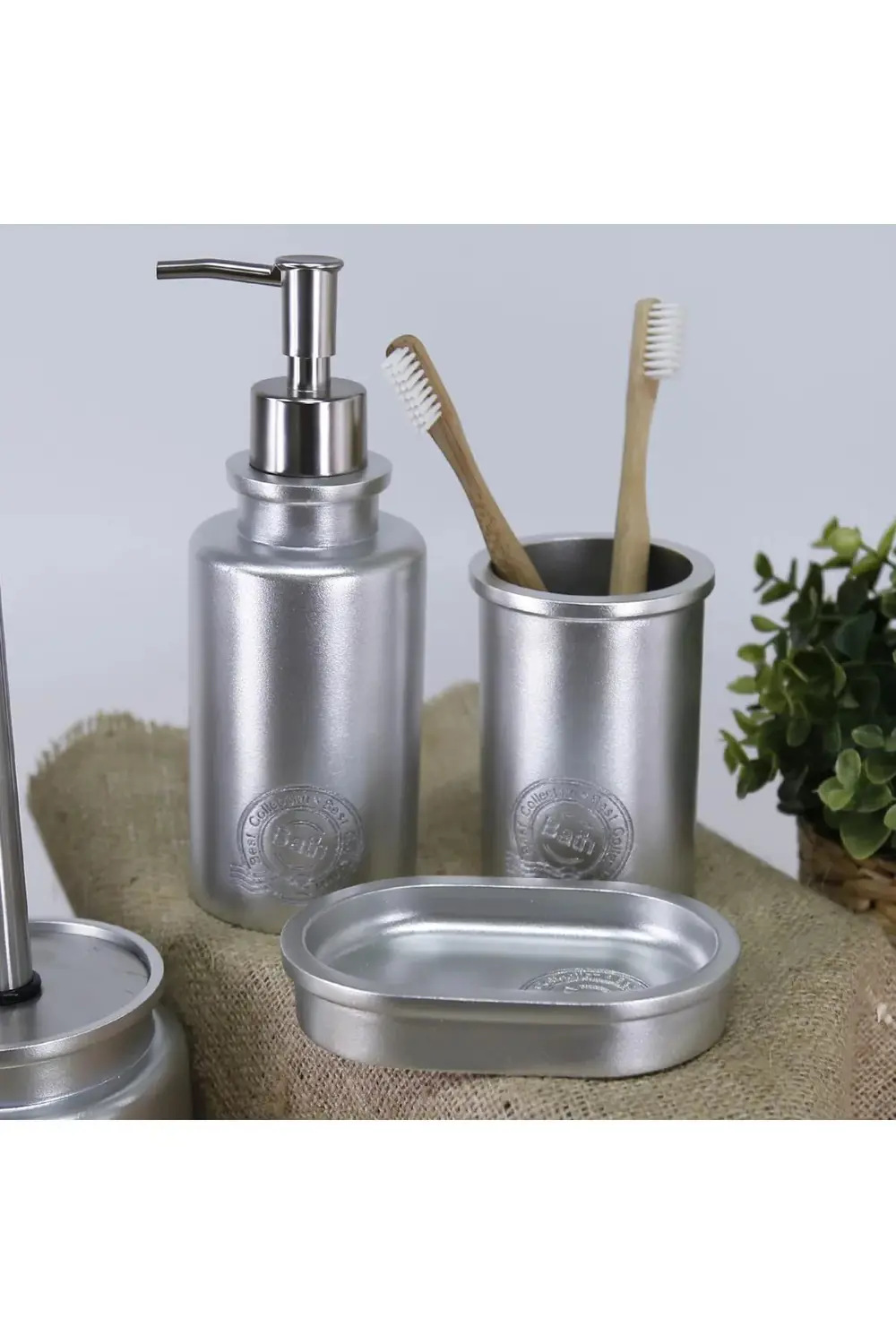 By Selim Stamp Gümüş 5 Parça Polyester Banyo Seti