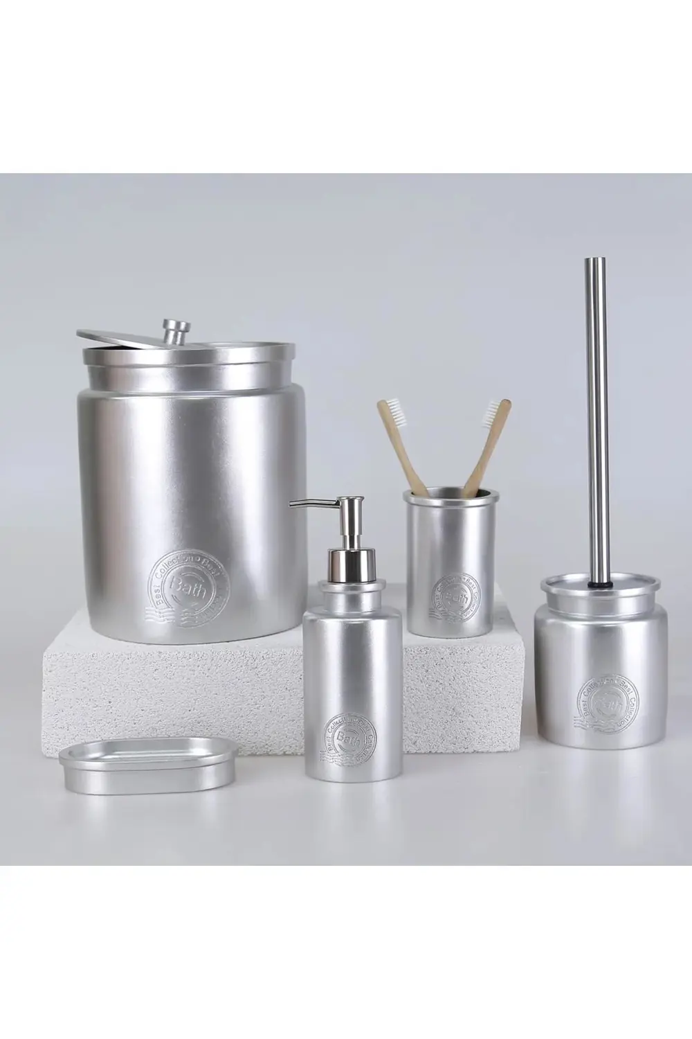 By Selim Stamp Gümüş 5 Parça Polyester Banyo Seti