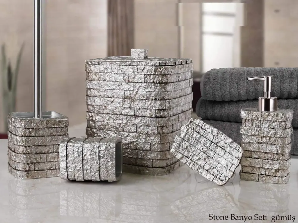 By Selim Stone Gümüş 5 Parça Polyester Banyo Seti