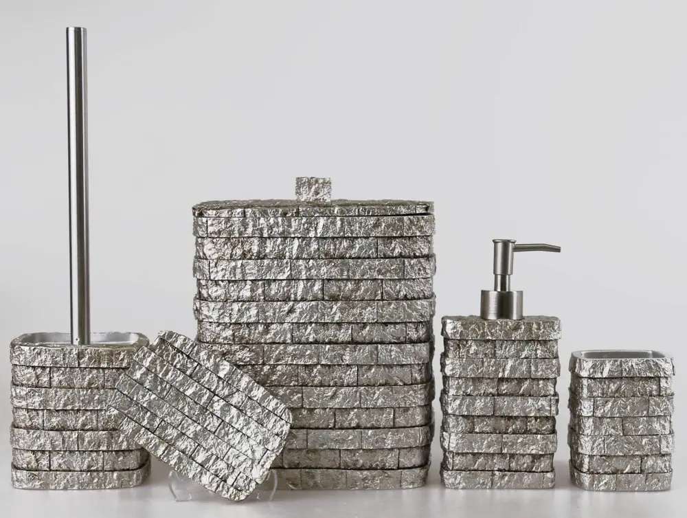 By Selim Stone Gümüş 5 Parça Polyester Banyo Seti