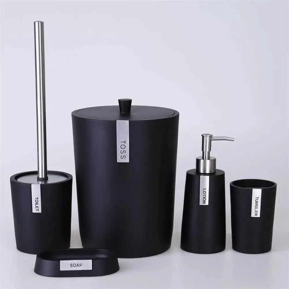 By Selim Troy Siyah Gümüş 5 Parça Polyester Banyo Seti