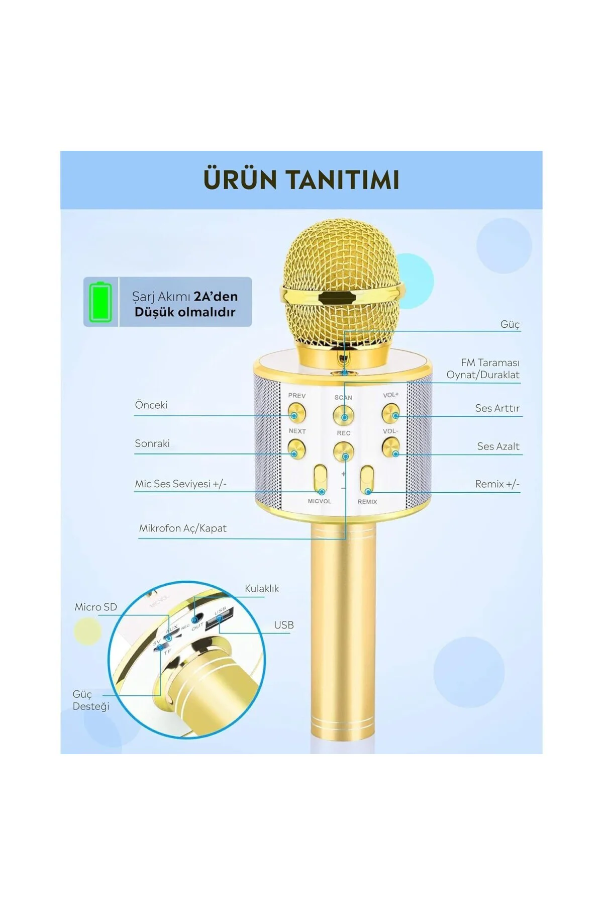 C-8501 Karaoke Mikrofon Bluetooth USB & TF & Aux (Gold)