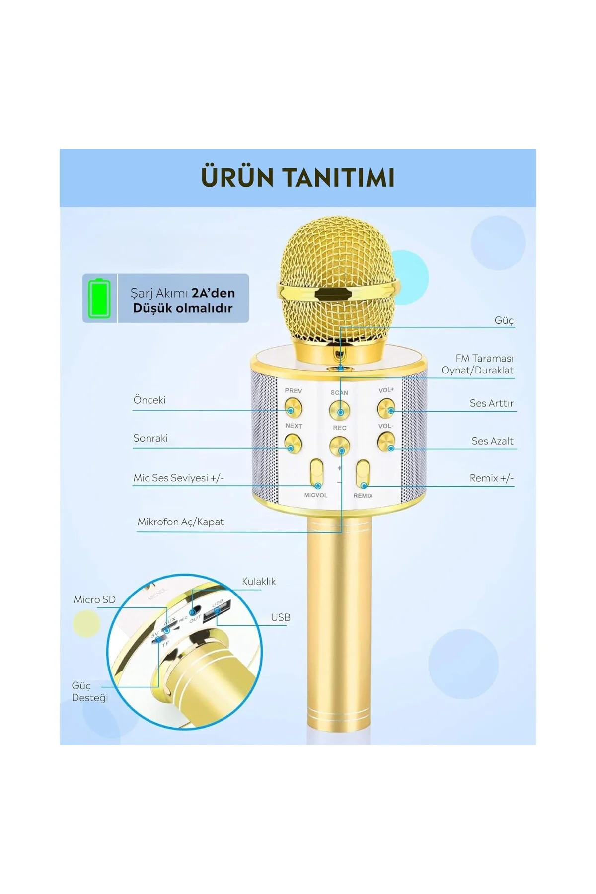 C-8501 Karaoke Mikrofon Bluetooth USB & TF & Aux (Gold)