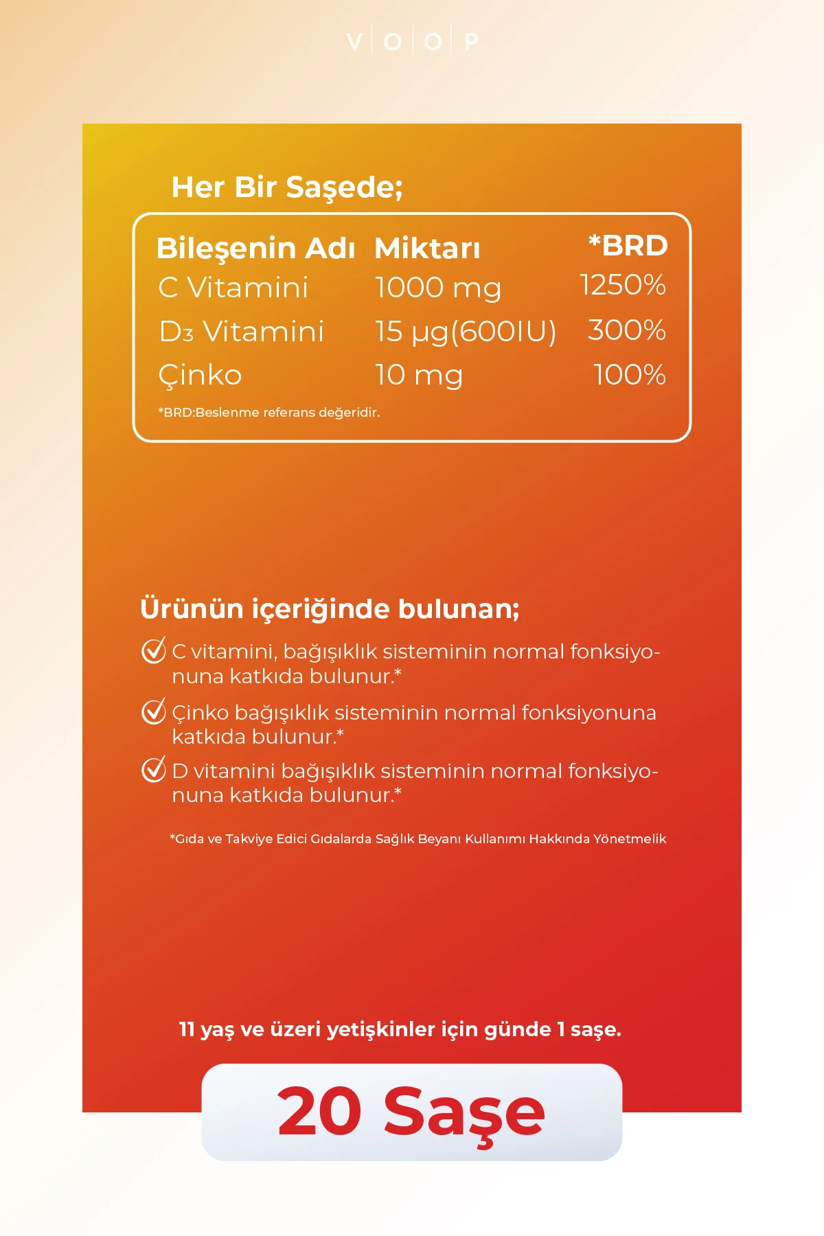 C Vitamini + Çinko & D3 Vitamini | Günlük Vitamin Takviyesi - 20 Toz Saşe