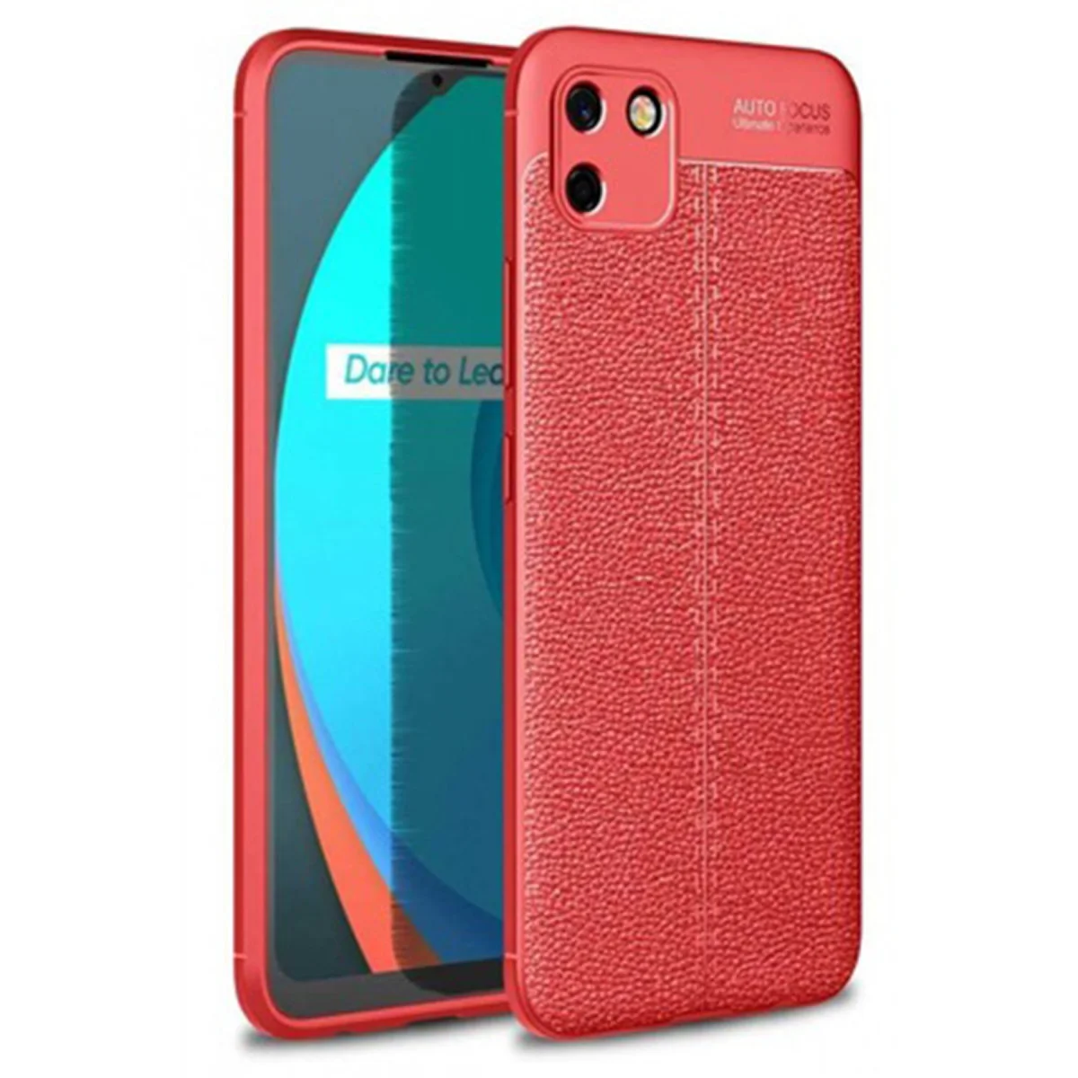 C11 Kılıf Auto Focus - Kırmızı TPU Silikon Korumalı Deri Dokulu Telefon Kılıfı