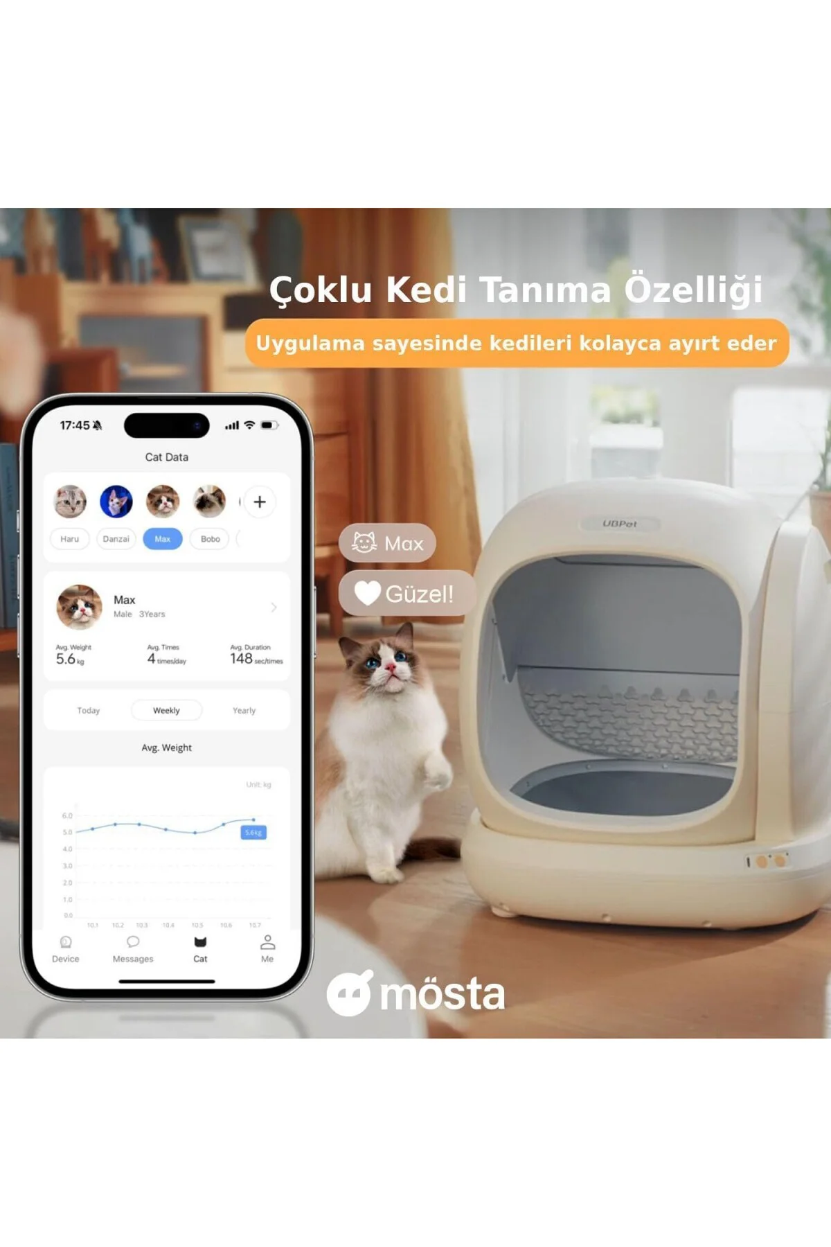 C20 Akıllı Kedi Tuvaleti, Mobil Uygulama Kontrollü, Otomatik Temi