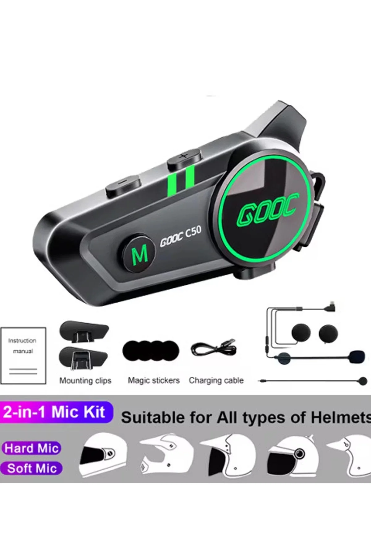 C50 2x Motosiklet Intercom Kask Kulaklık 1000 Mah Rgb Işıklı Çift