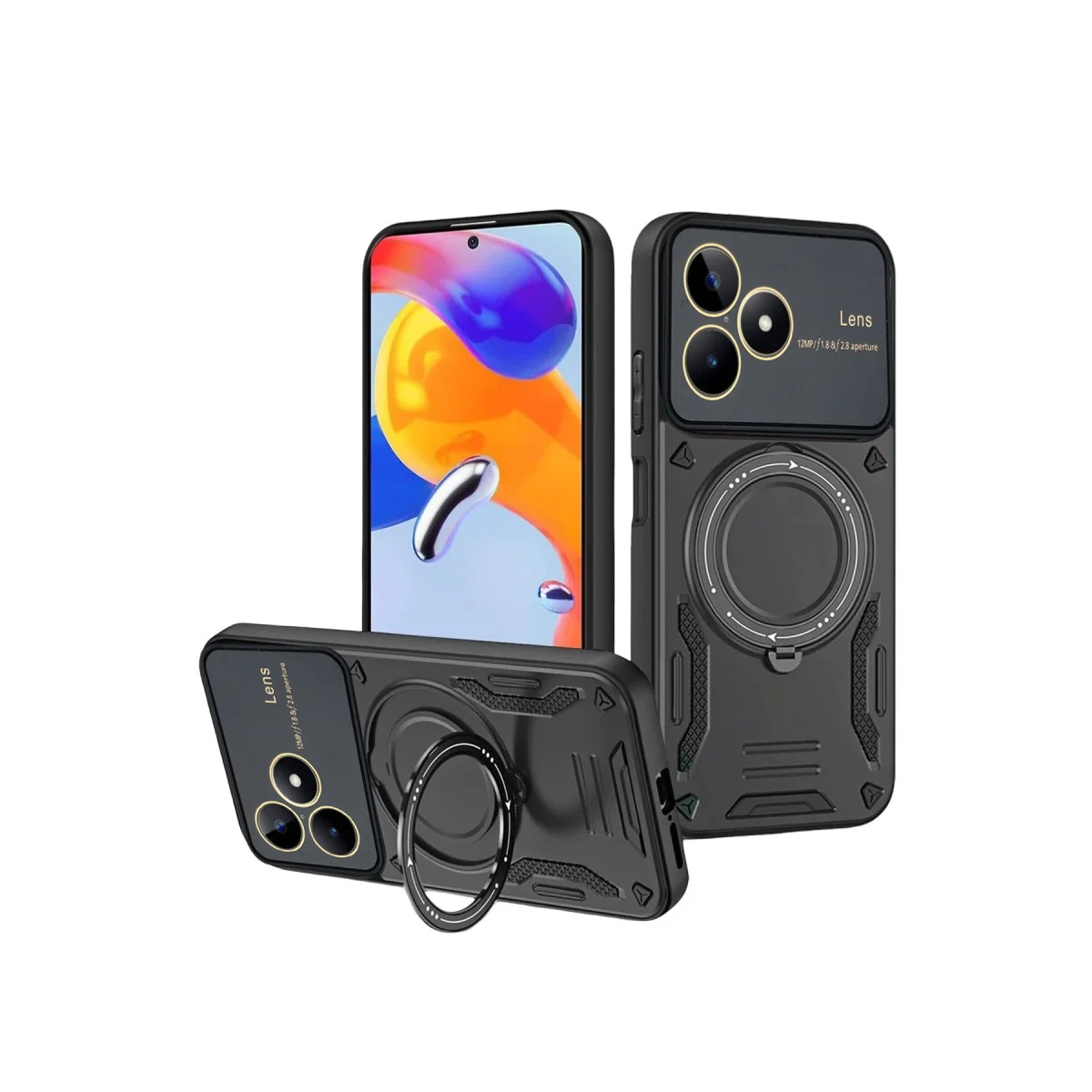 C53 Kılıf Joy Lens Standlı Parmak Halkası - 360° Döner, 180° Katlanabilir Darbe Korumalı Siyah Telefon Kılıfı