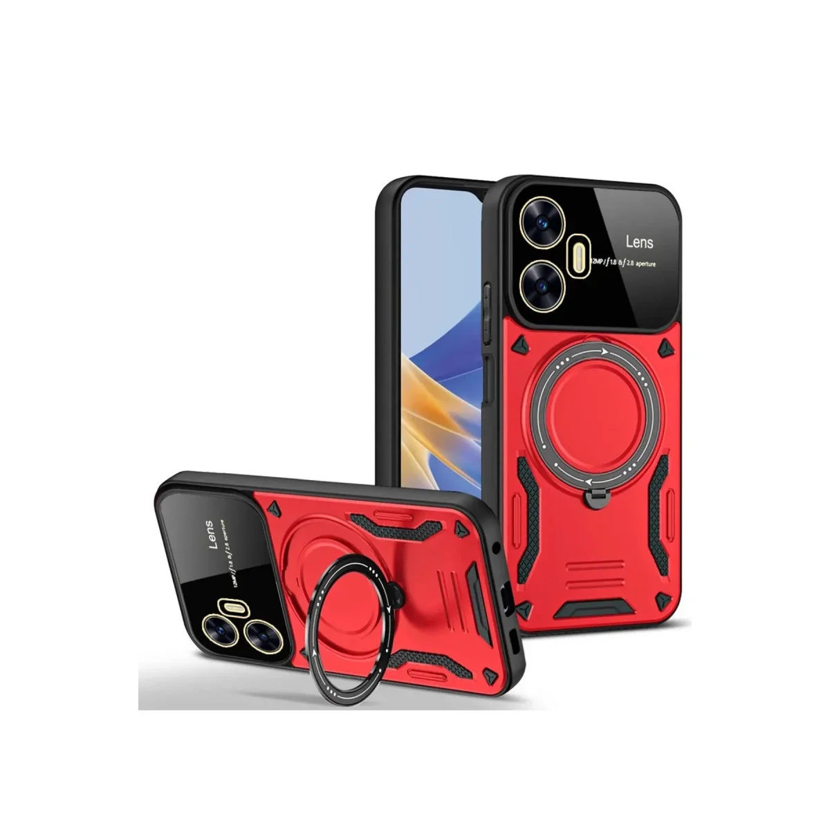 C55 Kılıf Joy Lens Standlı Kapak - Kırmızı, 360° Döner Parmak Halkası