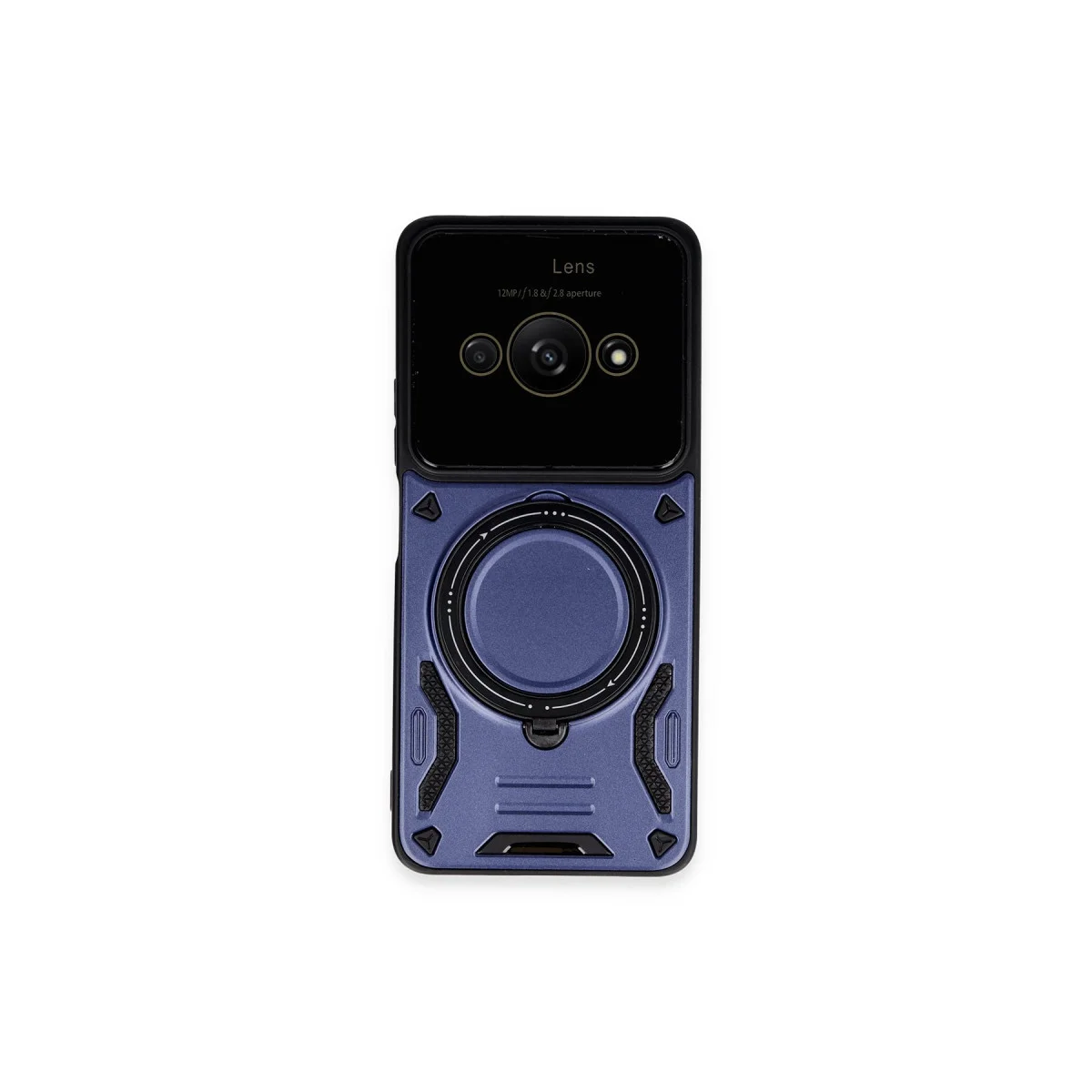 C61 Joy Lens Standlı Kapak - 360° Döner Parmak Halkası ve Darbe Korumalı Lacivert Kılıf