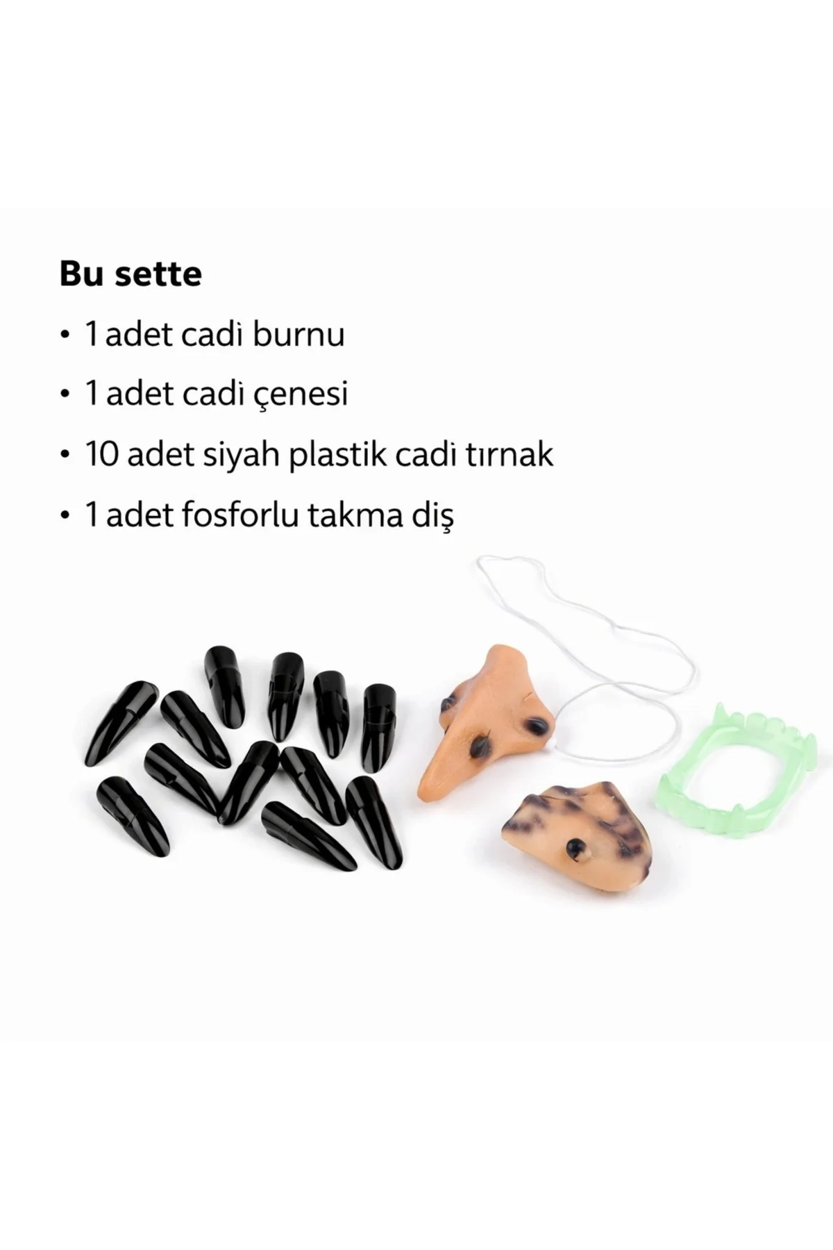 Cadı Aksesuar Seti – Burun, Çene, Fosforlu Diş Ve 10 Adet Siyah Tırnak Cadı Aksesuar Seti – Burun, Çene, Fosforlu Diş Ve 10 Adet Siyah Tırnak