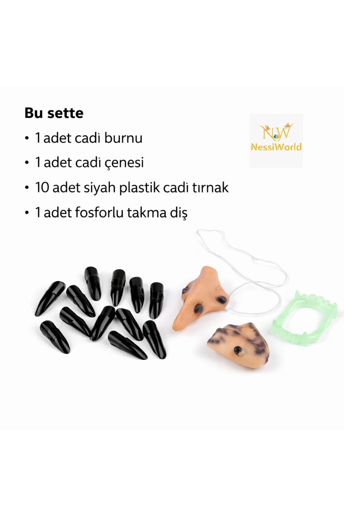 Cadı Aksesuar Seti – Burun, Çene, Fosforlu Diş ve 10 Adet Siyah Tırnak