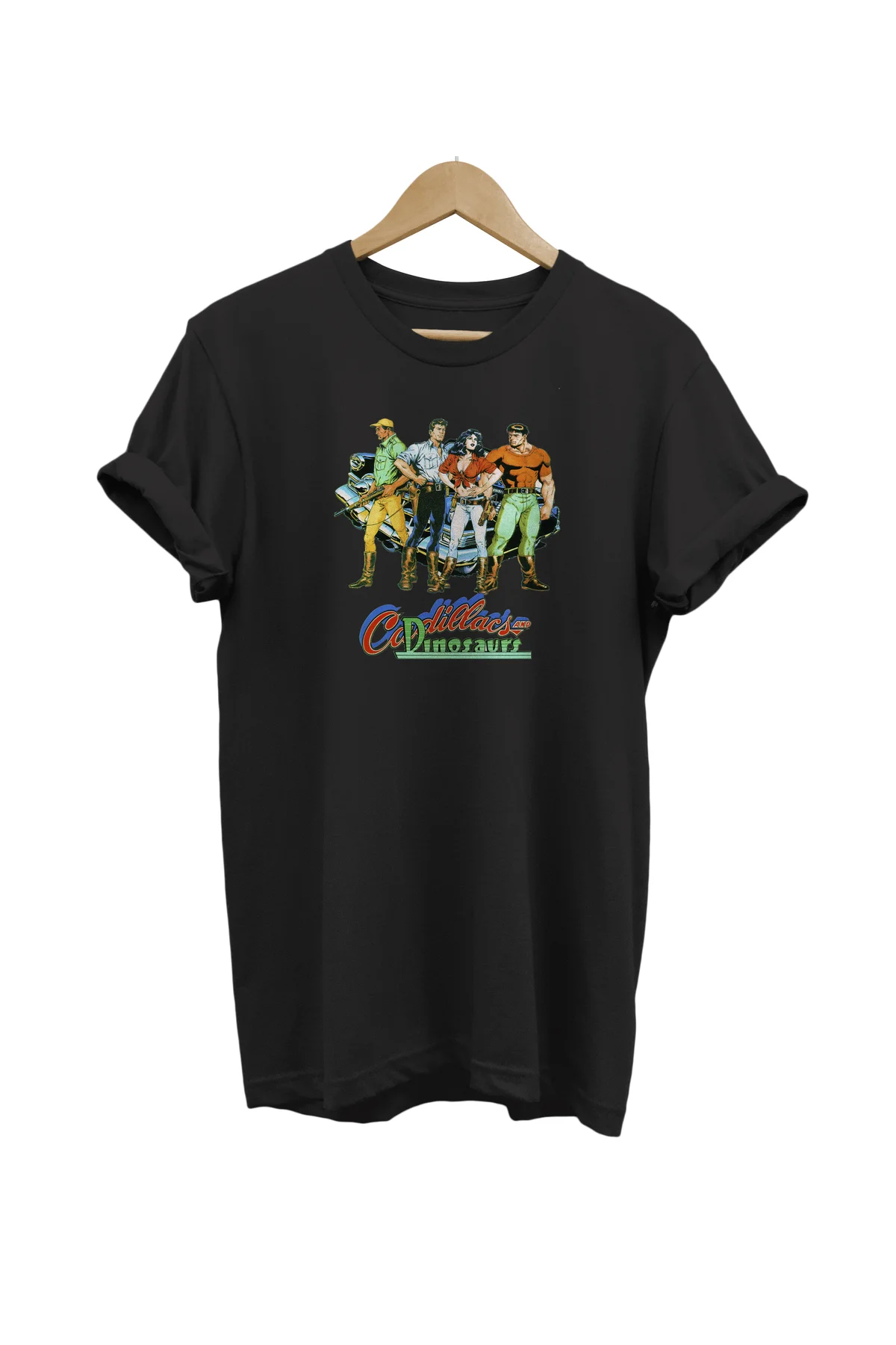 Cadillacs And Dinosaurs Baskılı %100 Pamuk Oversize Siyah T-shirt