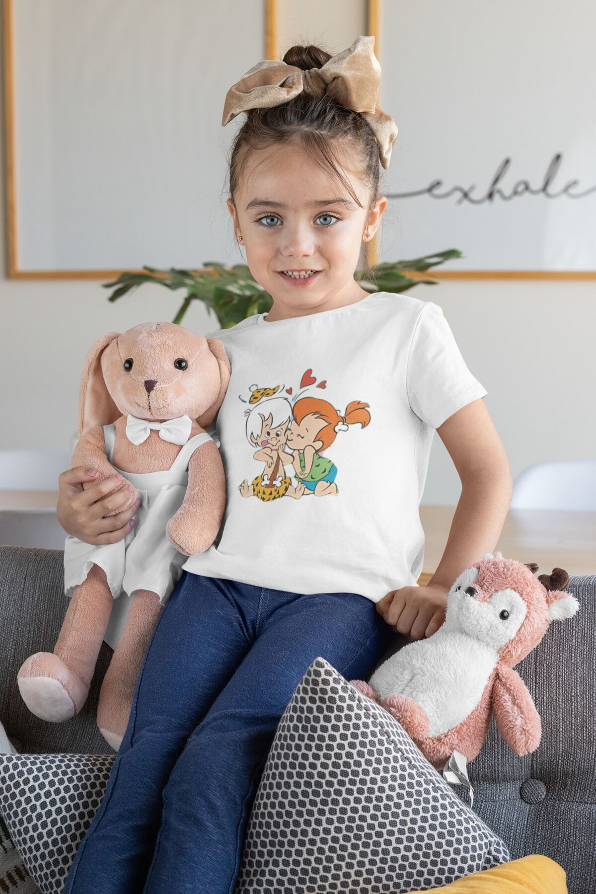 Çakıltaş ve Bambam Tasarımlı Unisex Tişört  Baskılı Çocuk Tişört 