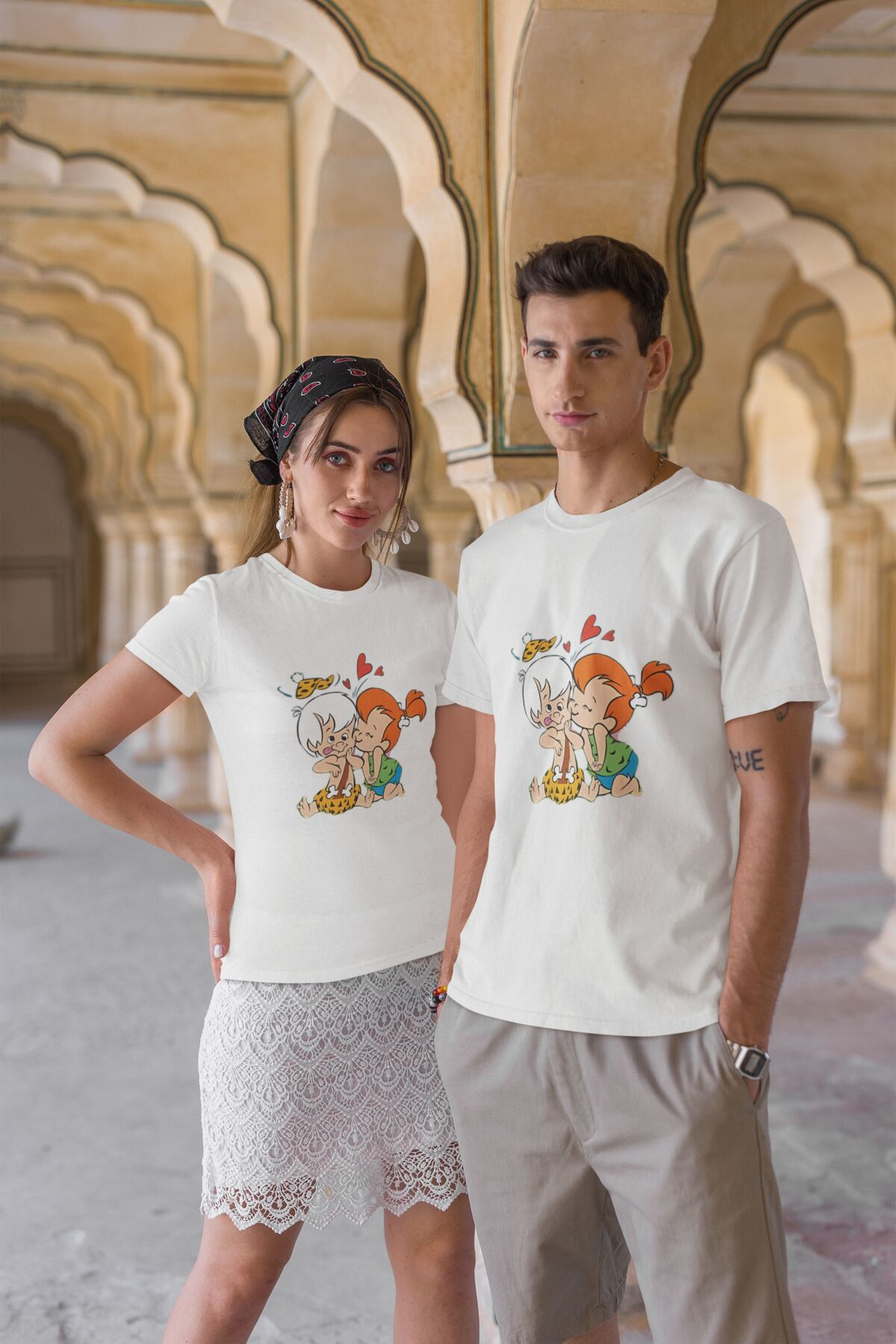Çakıltaş ve Bambam Tasarımlı Unisex Tişört -  %100 Pamuklu Kumaş