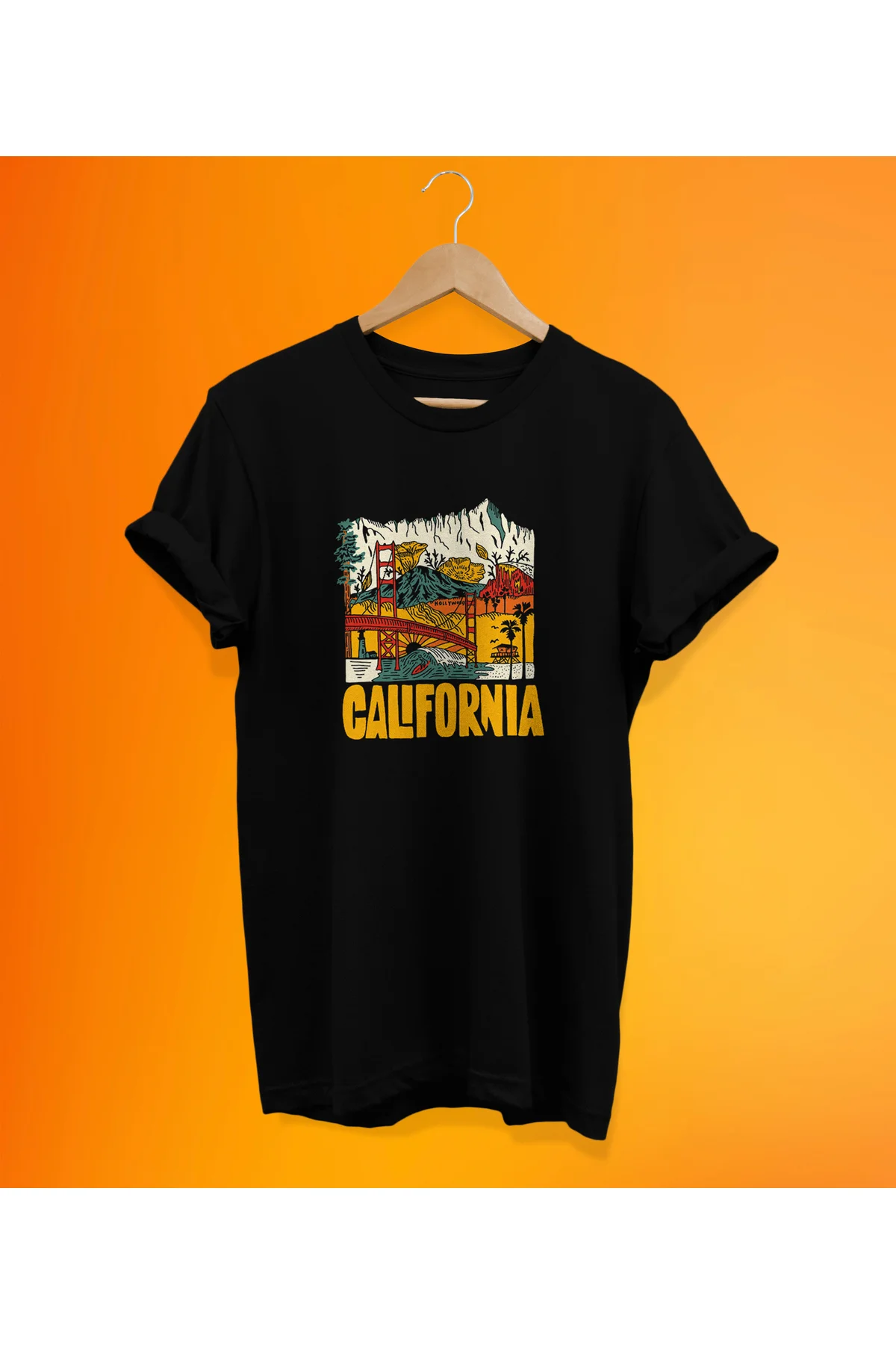 California Baskılı Siyah, %100 Pamuk, Oversize, Büyük Beden T-Shi