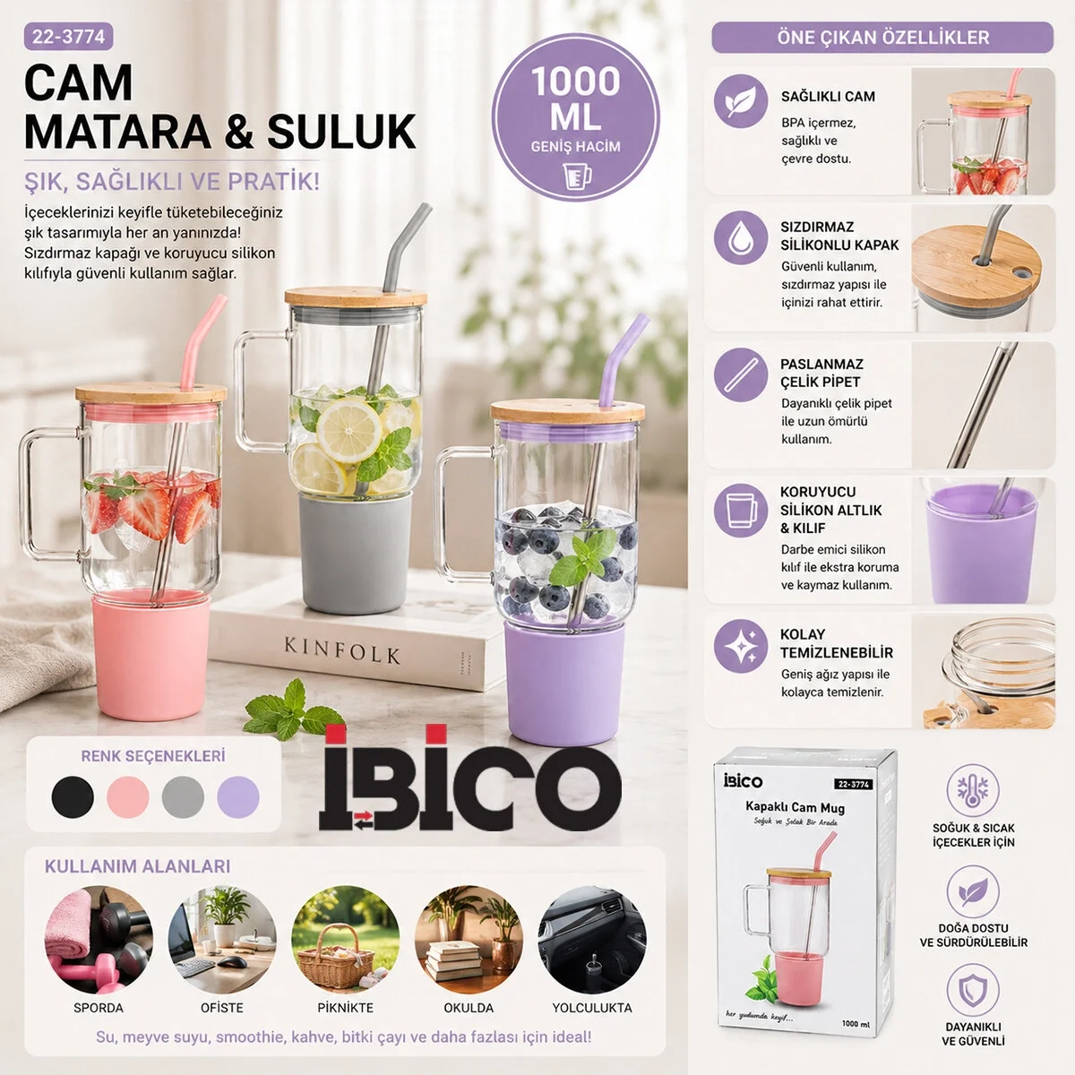 Cam 1000ml Matara - Suluk Bambu Kapak - Sızdırmaz Silikonlu Çelik Pipet Koruyucu Silikon Altlık - Kılıf Bx40 Fiyatı, Yorumları ve Özellikleri