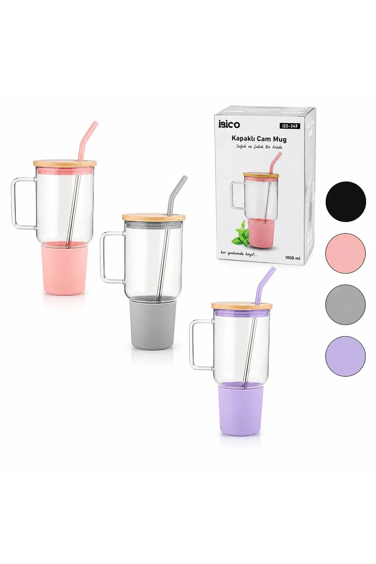 Cam 1000ML Matara - Suluk Bambu Kapak - Sızdırmaz Silikonlu Çelik Pipet Koruyucu Silikon Altlık - Kı