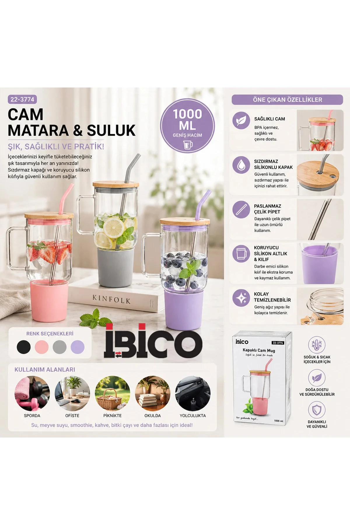 Cam 1000ML Matara - Suluk Bambu Kapak - Sızdırmaz Silikonlu Çelik Pipet Koruyucu Silikon Altlık - Kı