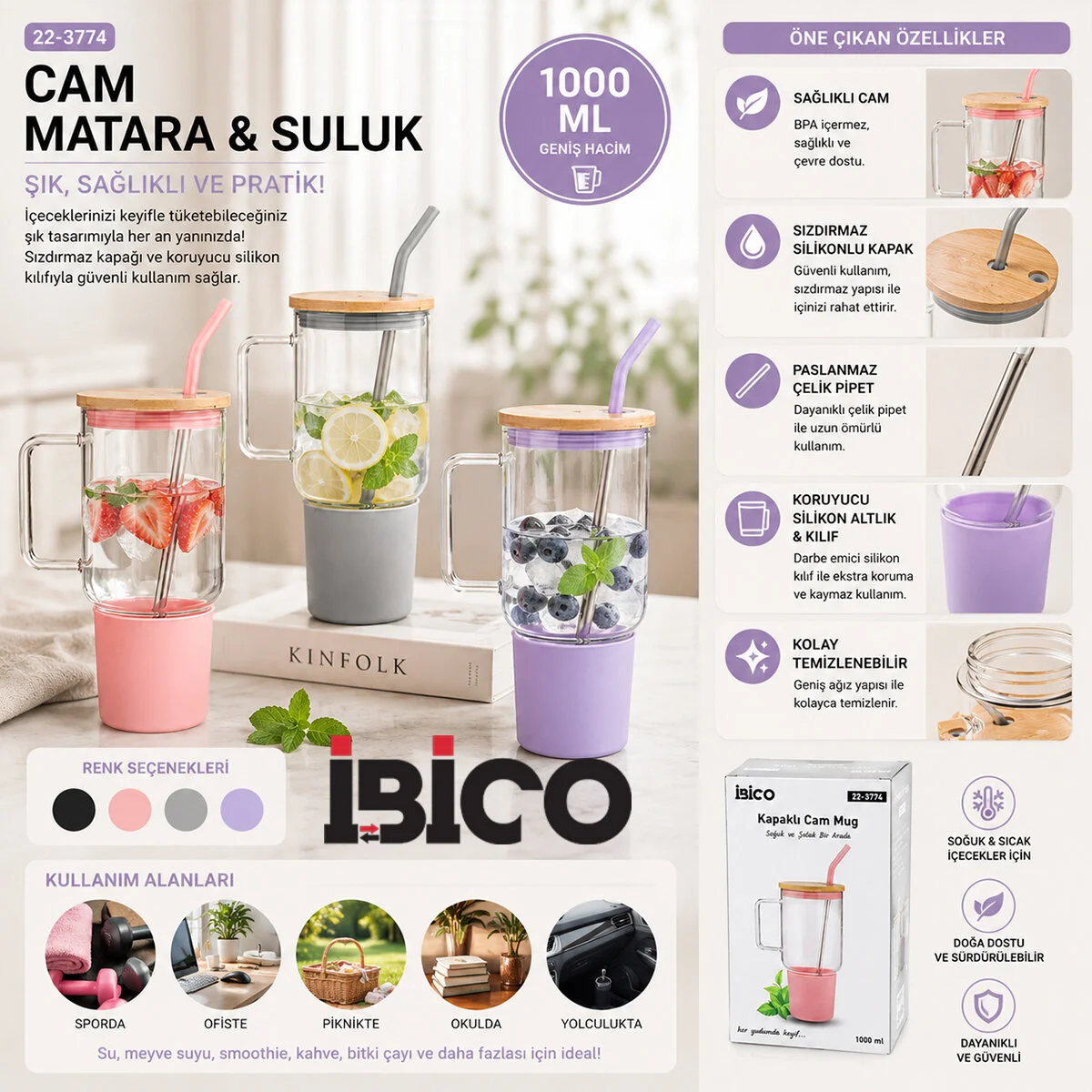 Cam 1000ML Matara - Suluk Bambu Kapak - Sızdırmaz Silikonlu Çelik Pipet Koruyucu Silikon Altlık - Kılıf Fiyatı, Yorumları ve Özellikleri