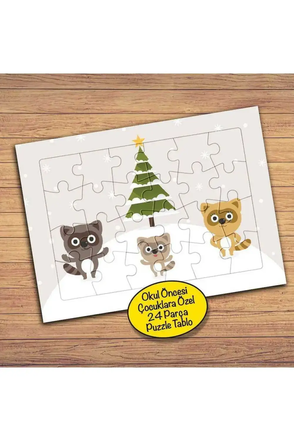 Çam Ağacı Ve Rakunlar Çocuklara Özel Puzzle Yapboz Tablo-pz136