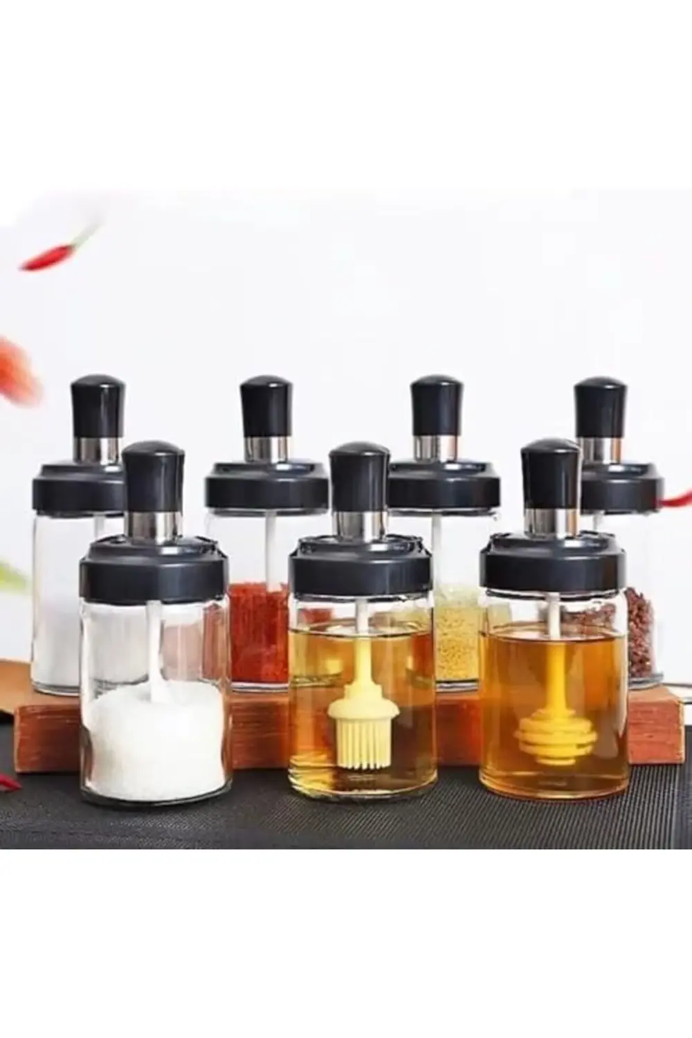 Cam Baharatlık Seti, 6'lı, Kendinden Fırçalı ve Kaşıklı, Bal Kava